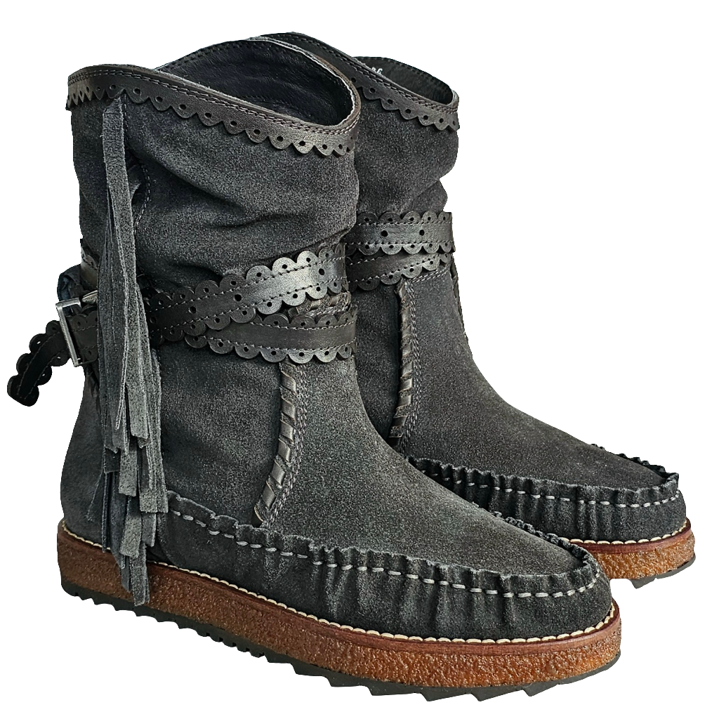 Ghete dama din piele naturala intoarsa gri, model tubular cu franjuri, inaltime gheata 22 cm, Made in Italy.