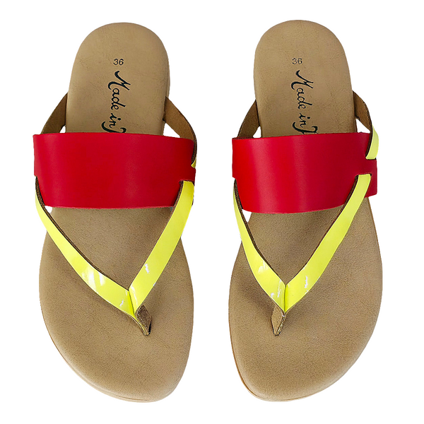 Papuci dama din piele naturala rosu si galben, made in Italy, perfecti pentru vara 2025.