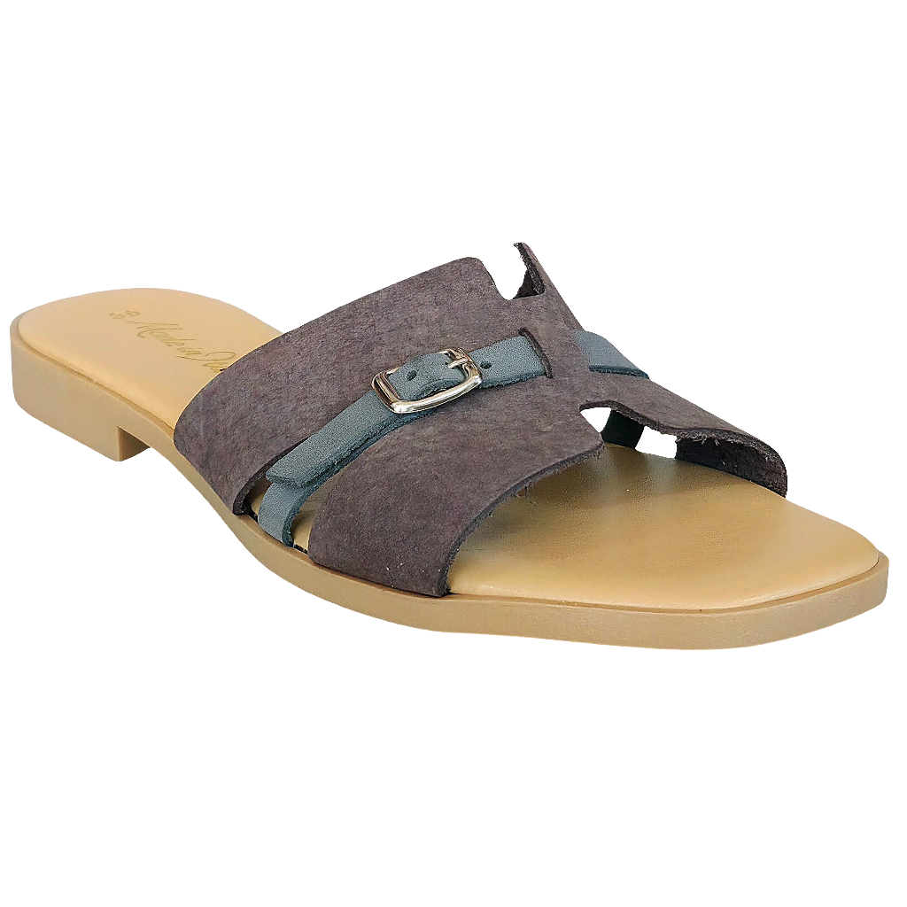 Papuci dama din piele naturala nabuk maro cu detalii verzi, Made in Italy, Colectia Vara 2025, Manuela Moka.G