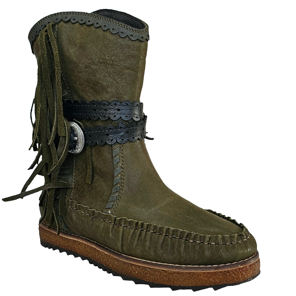 Ghete dama din piele naturala verde kaki, stil tubular cu franjuri, din colectia Toamna Iarna 2024, Made in Italy.