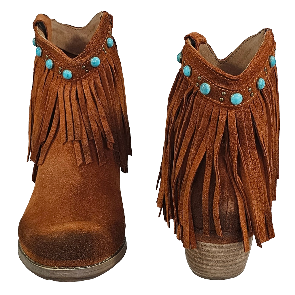 Ciocate dama din piele naturala intoarsa maro roscat cu franjuri si detalii turquoise, inaltime toc 4.5 cm, Made in Italy.