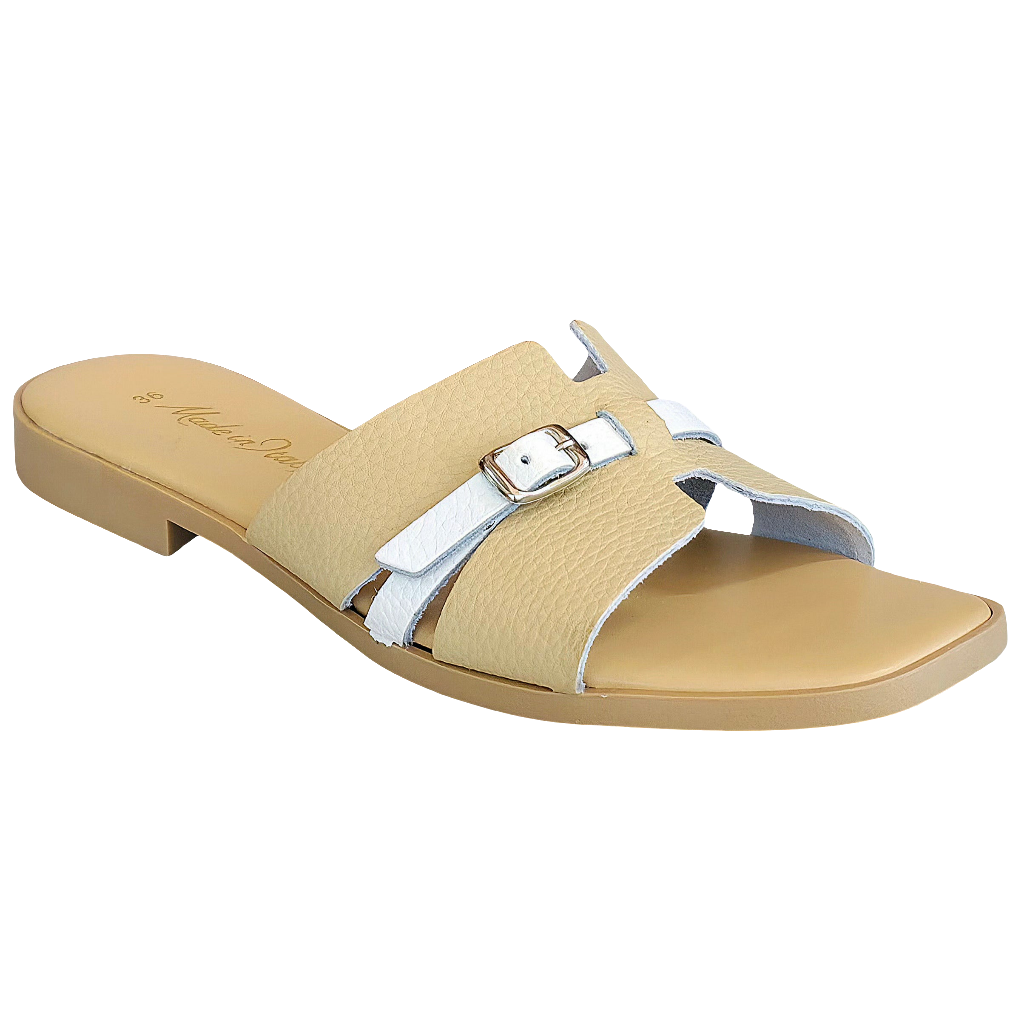 Papuci dama din piele naturala Bej, eleganti, cu detalii albe, Made in Italy, colectia Vara 2025.