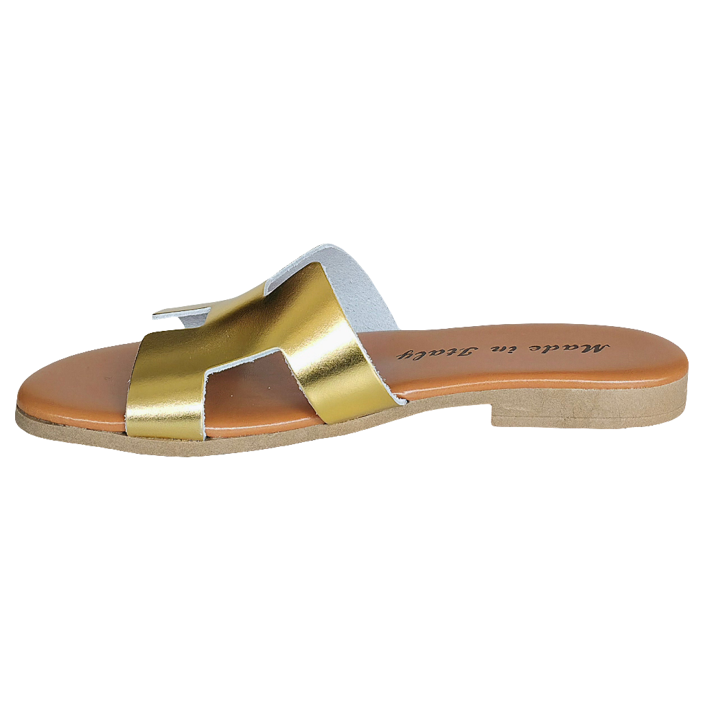 Auriu papuc dama din piele naturala, elegant, de vara, Made in Italy, colectia 2024, stil confortabil.