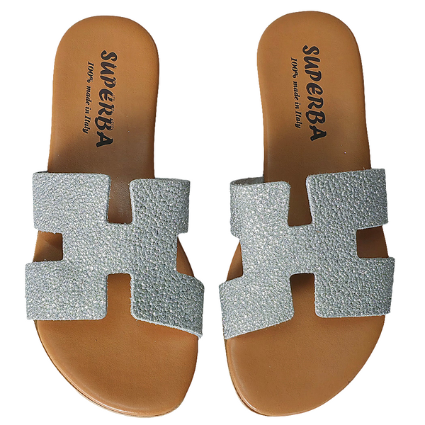 Papuci dama argintii din piele naturala, Superba, confortabili si eleganti, colectia Vara 2025, made in Italy.