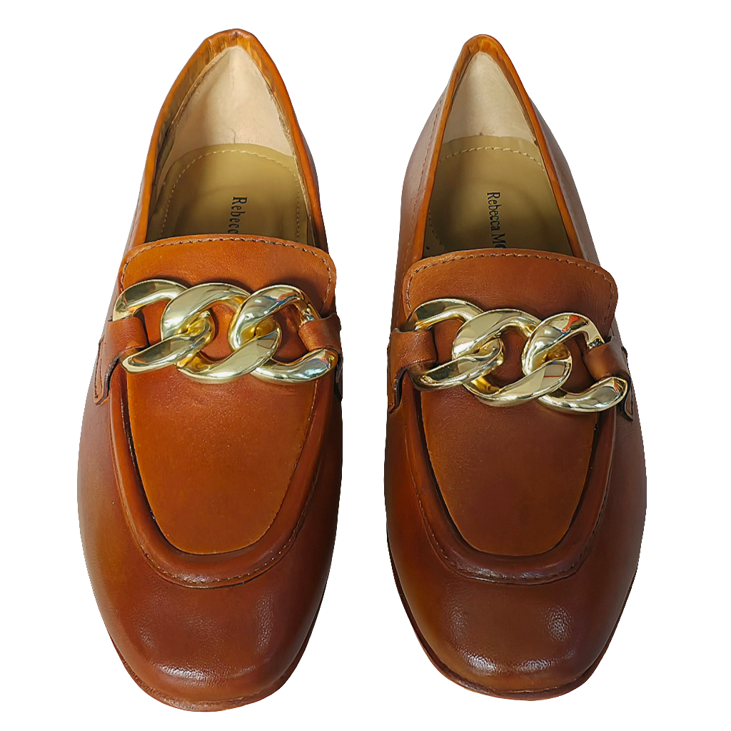 Pantofi dama din piele naturala maro cu detalii aurii, flexibili si eleganti, Colectia Primavara/Vara 2025.