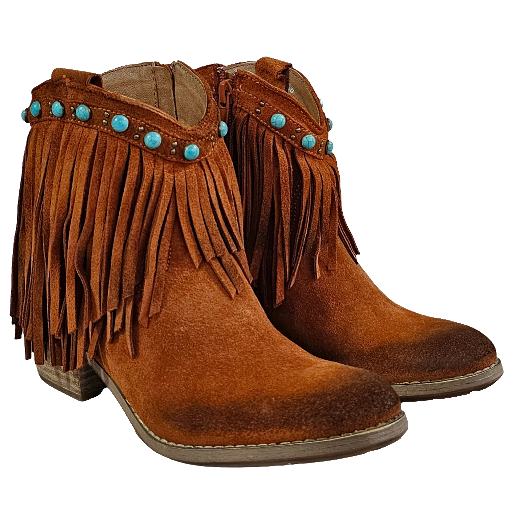 Ciocate dama din piele intoarsa maro roscat cu franjuri si detalii bleu, 4.5 cm toc, Made in Italy, Colectia Toamna 2024.