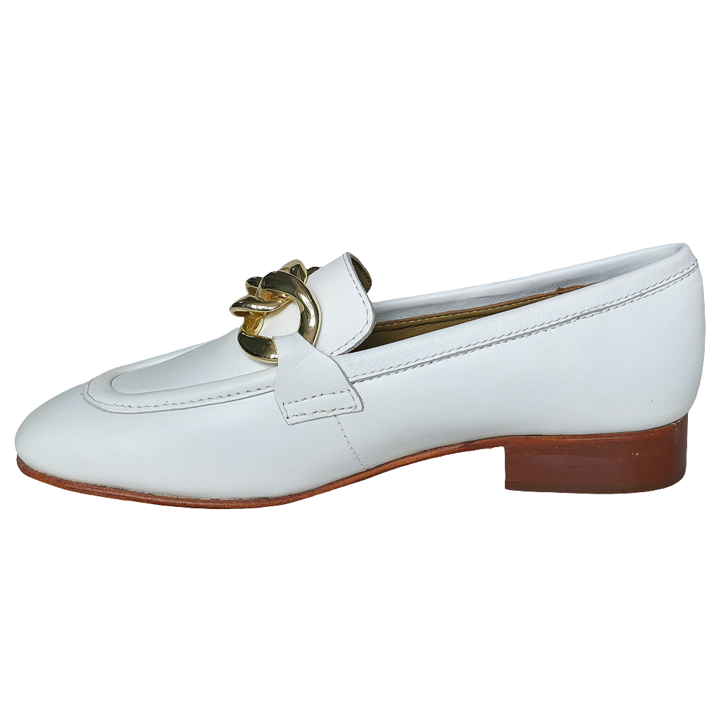 Pantofi dama din piele naturala, alb cu detaliu auriu, talpa flexibila, colectia Primavara/Vara 2025.