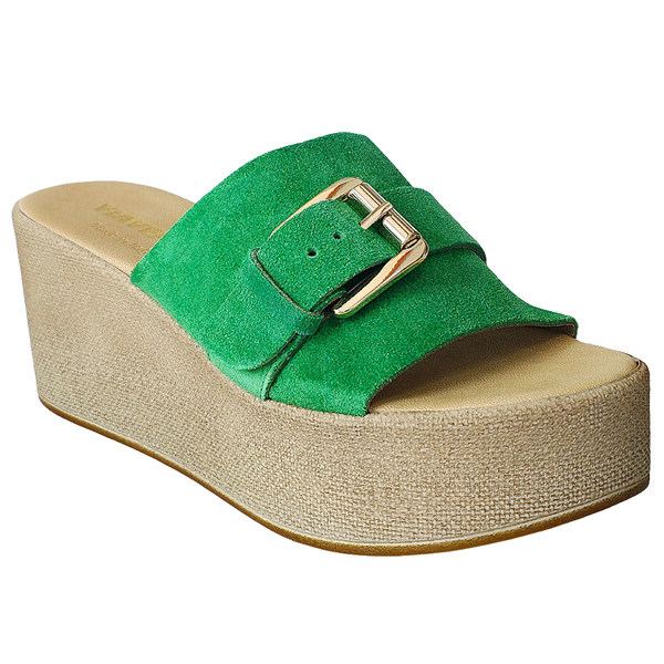 Papuci dama din piele naturala intoarsa verde, cu platforma, Made in Italy, Colectia Vara 2025