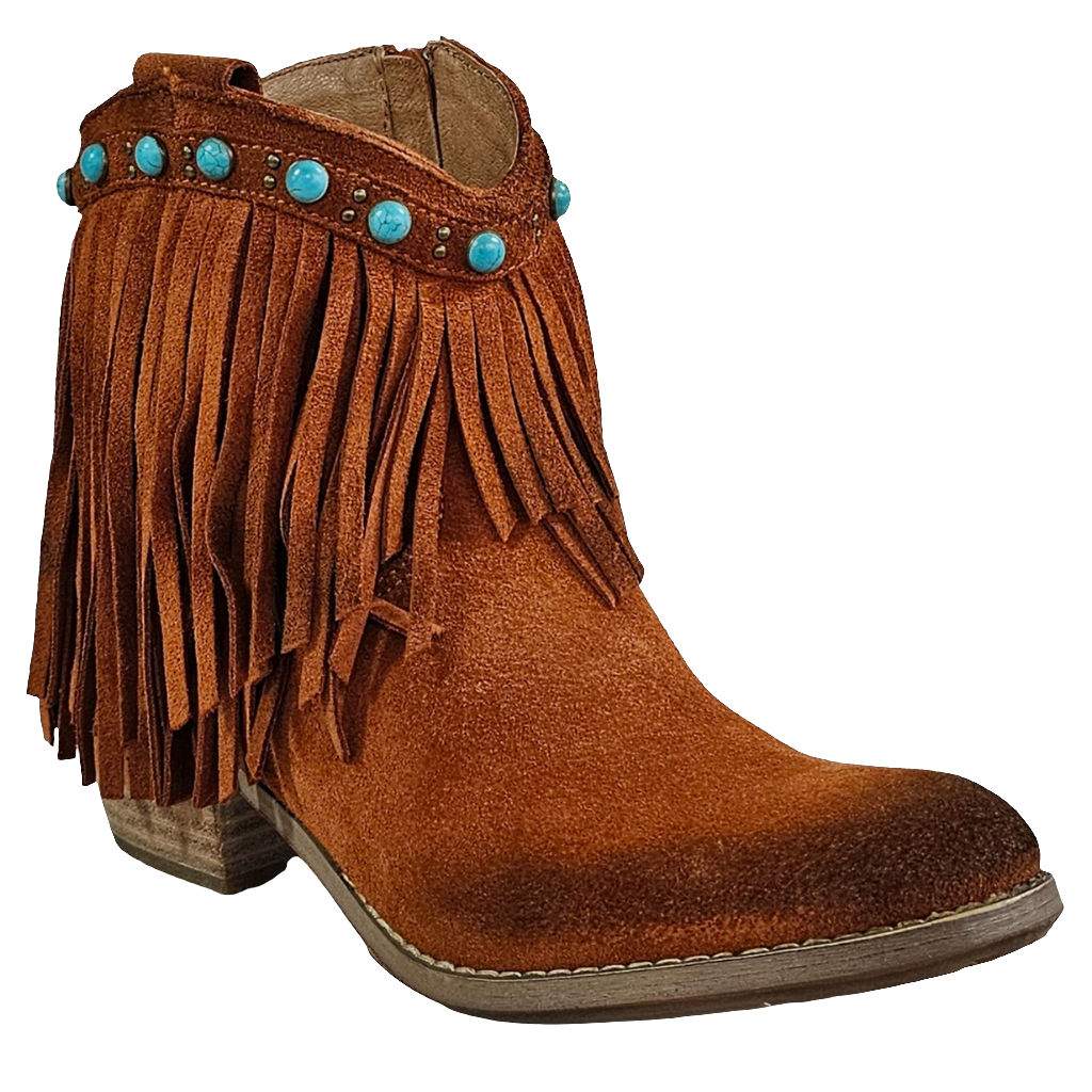 Ciocate dama maro roscat din piele intoarsa cu franjuri si detalii turquoise, Toamna 2024.