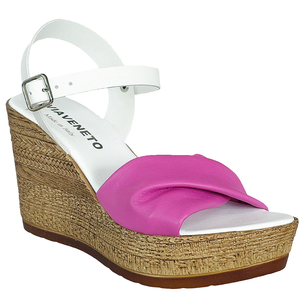 Sandale dama din piele naturala alb/fucsia, cu talpa din piele ecologica, inaltime platforma 9,5 cm, Made in Italy.