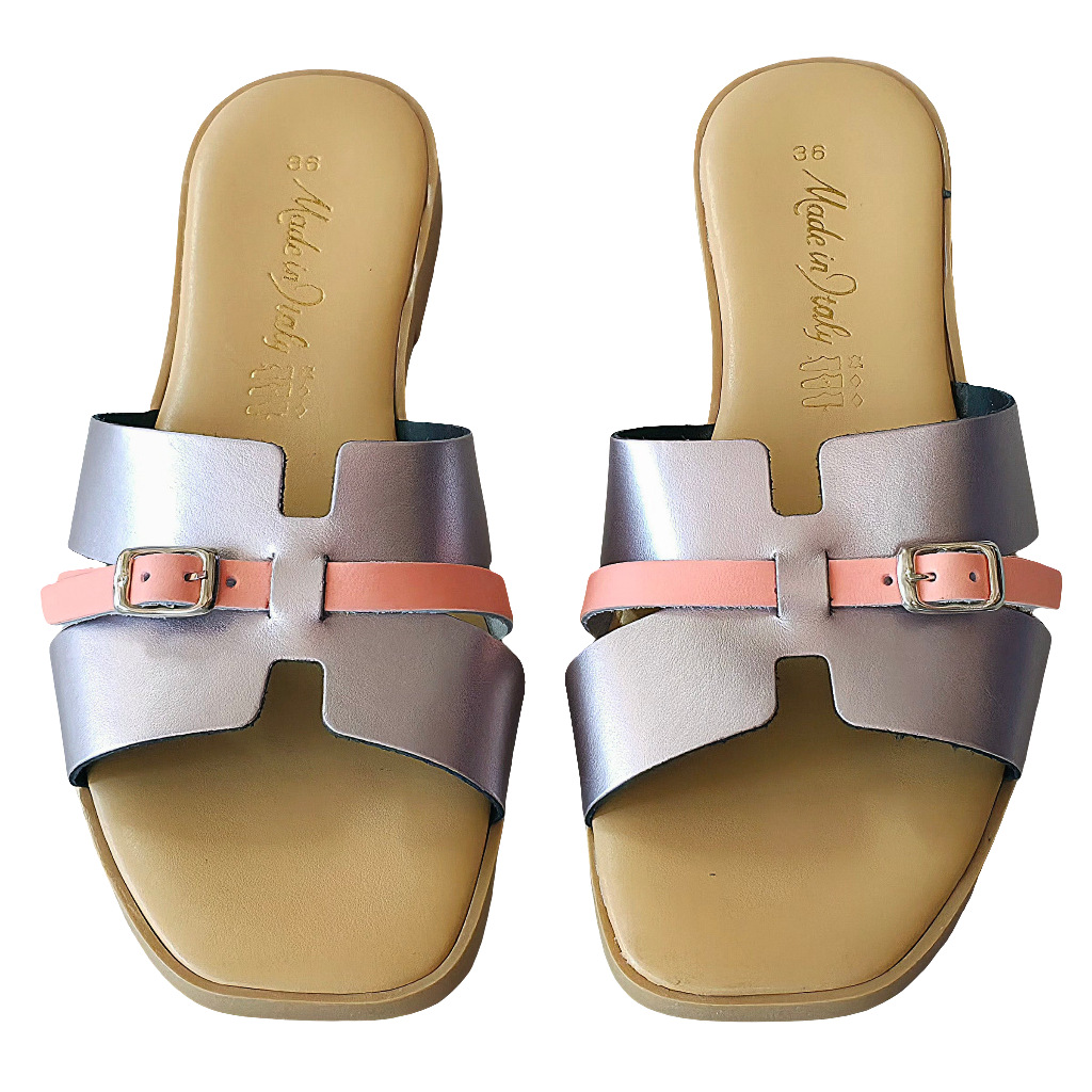 Papuci dama din piele naturala lila, Made in Italy, cu barete și catarame elegante, Colectia Vara 2025.