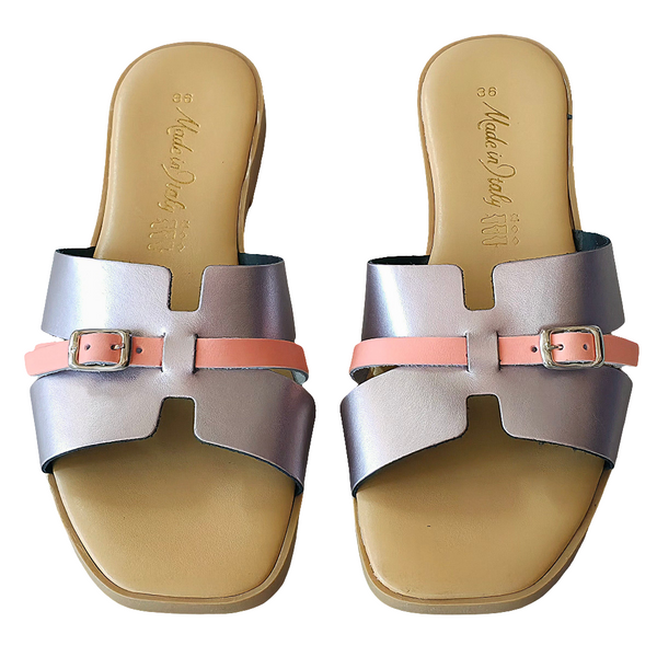 Papuci dama din piele naturala lila, Made in Italy, cu barete și catarame elegante, Colectia Vara 2025.