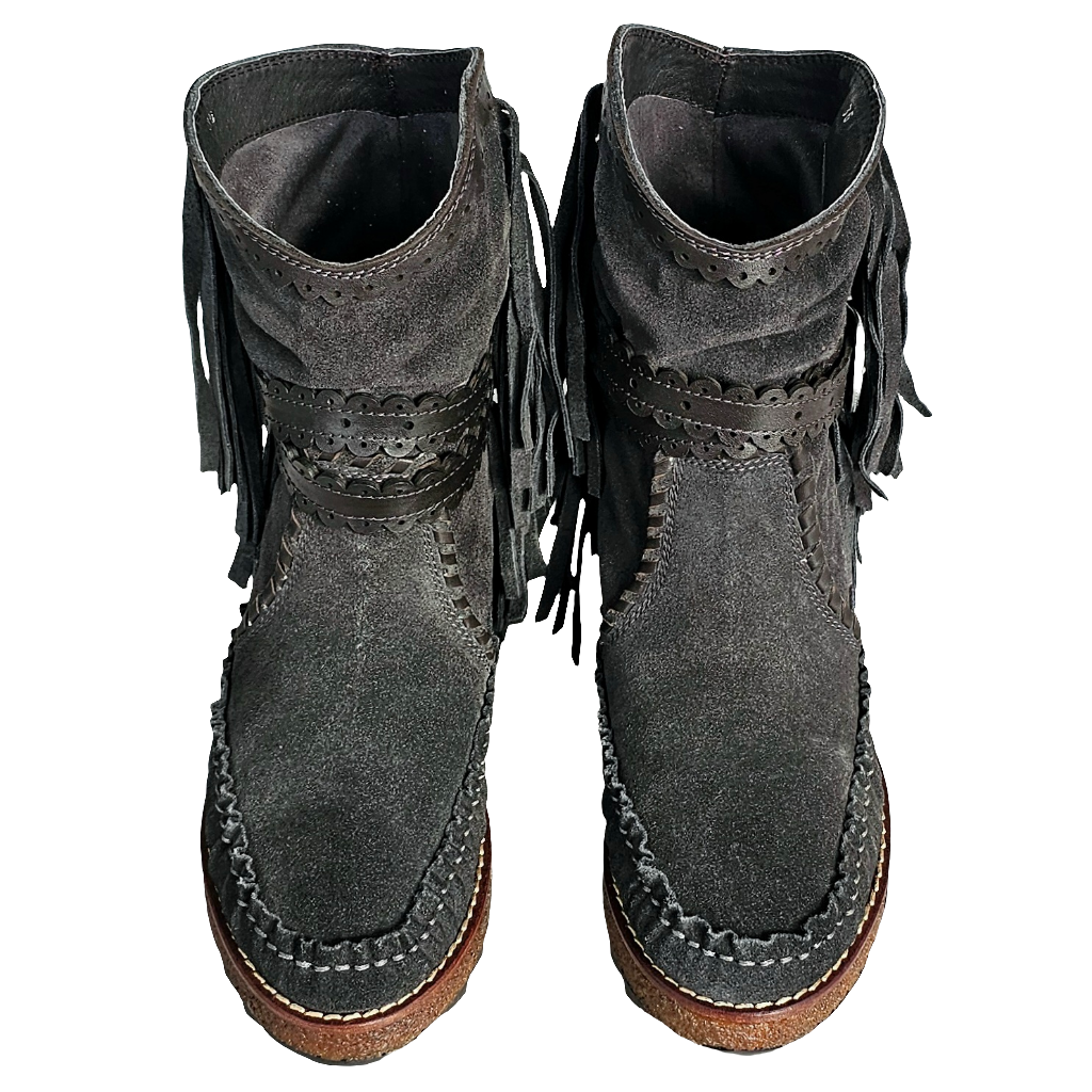 Ghete dama din piele intoarsa gri, stil tubular cu franjuri, Colectia Toamna Iarna 2024, Made in Italy.