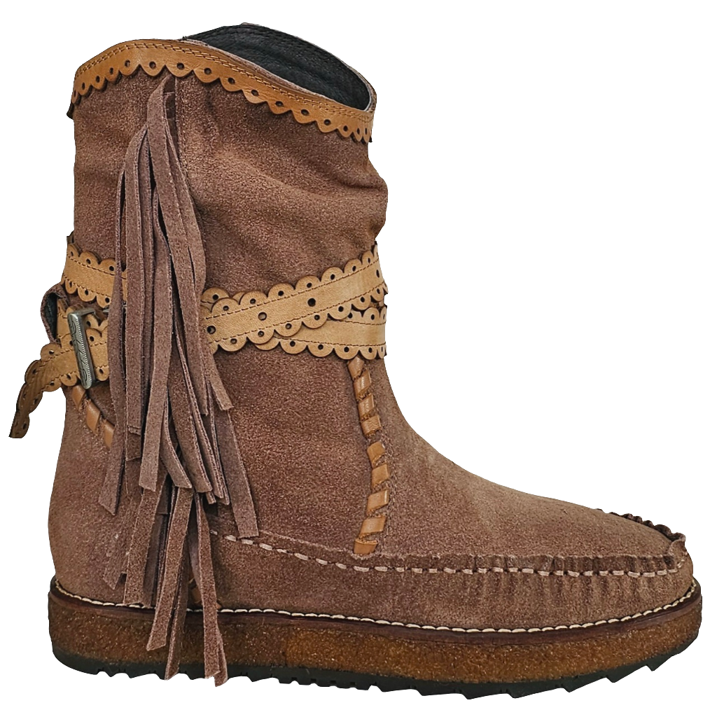 Ghete dama din piele naturala intoarsa maro roscat/bej cu franjuri, Made in Italy, Colectia Toamna Iarna 2024.