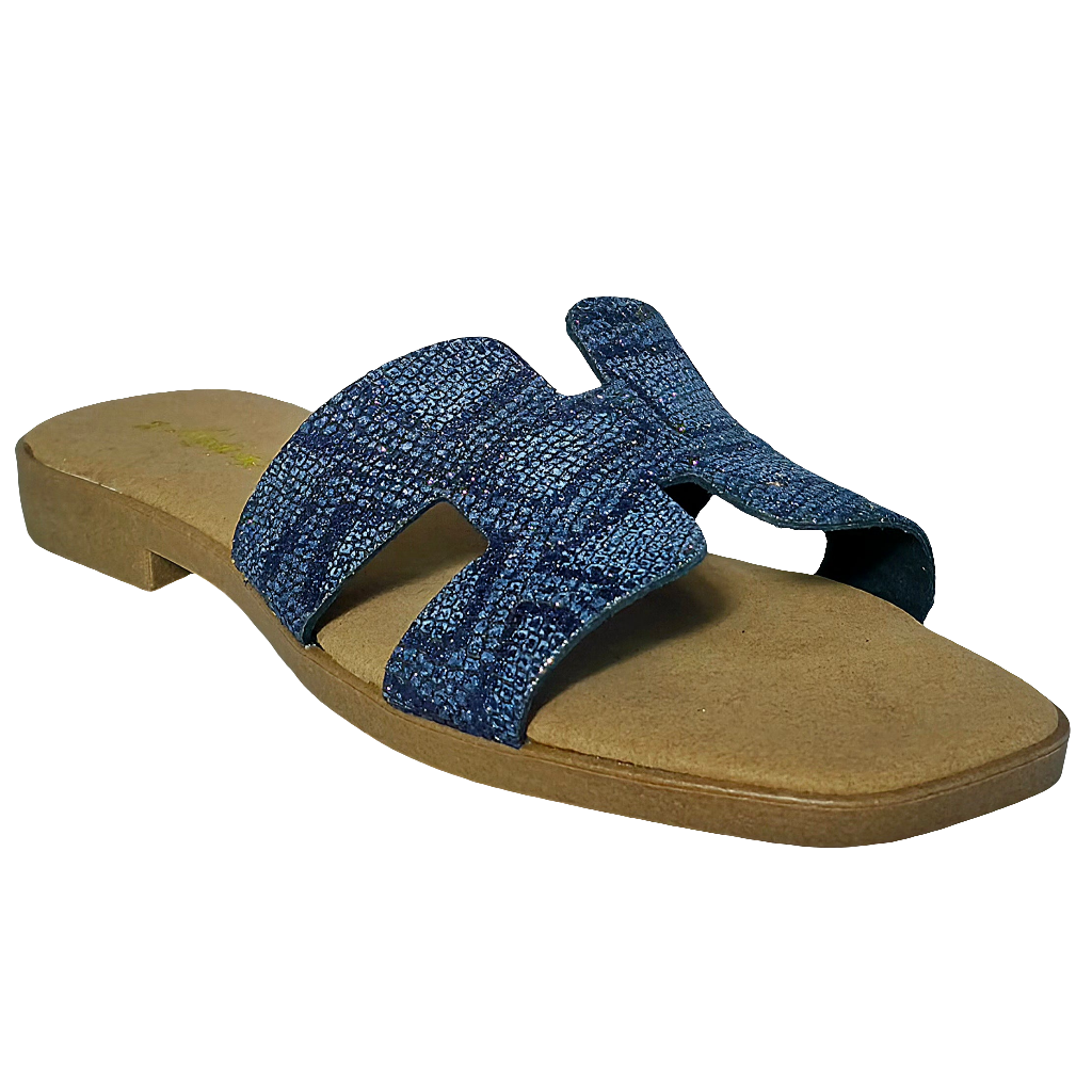 Papuci dama albastri din piele naturala, Made in Italy, colectia Vara 2025, confortabili si stilati.