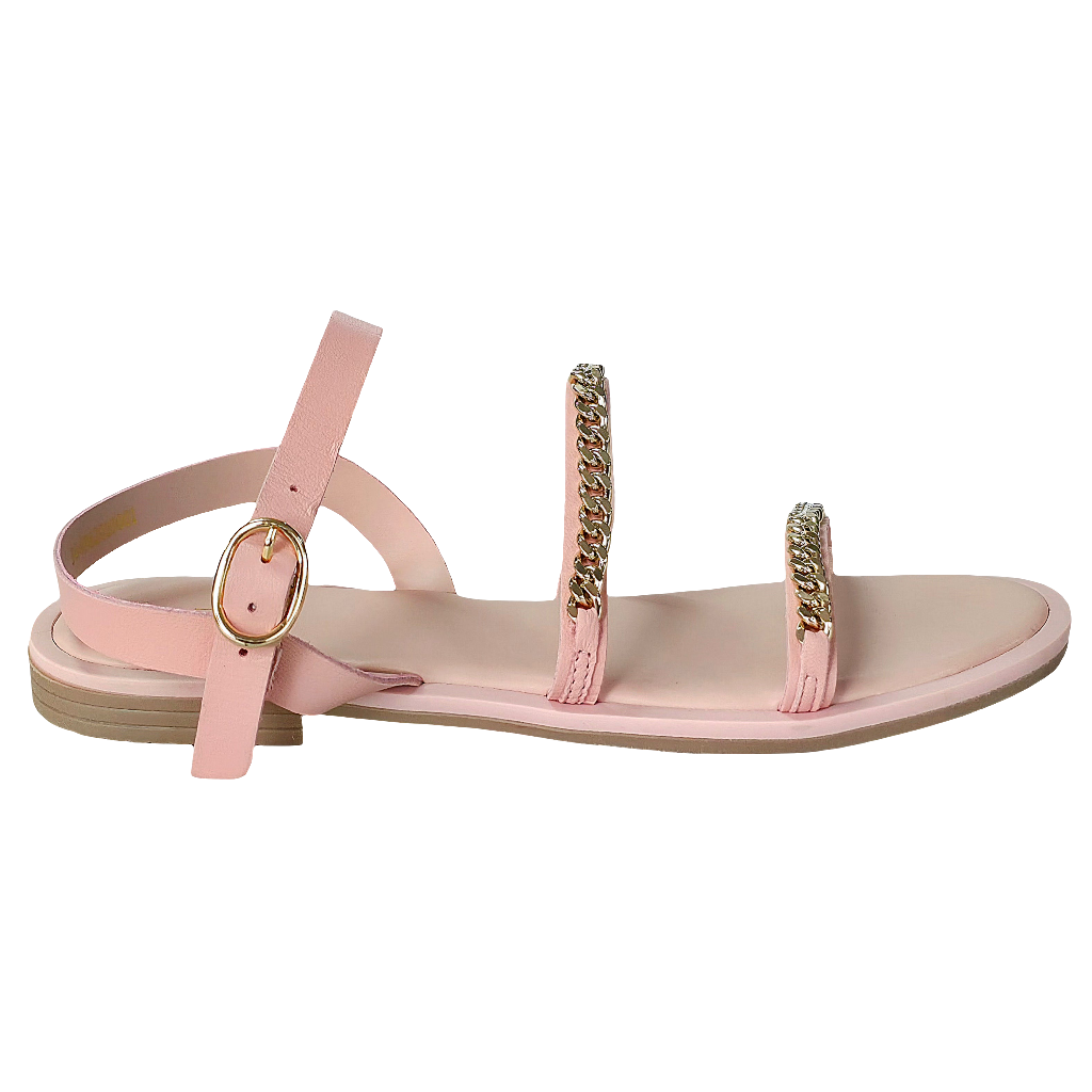 Papuci dama din piele naturala, roz prafuit, cu talpa joasa si detalii din lant - Colectia Vara 2025, Made in Italy.