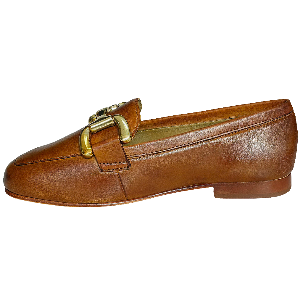 Pantofi dama din piele naturala maro, cu detalii aurii, din colectia Primavara/Vara 2025, talpa flexibila.