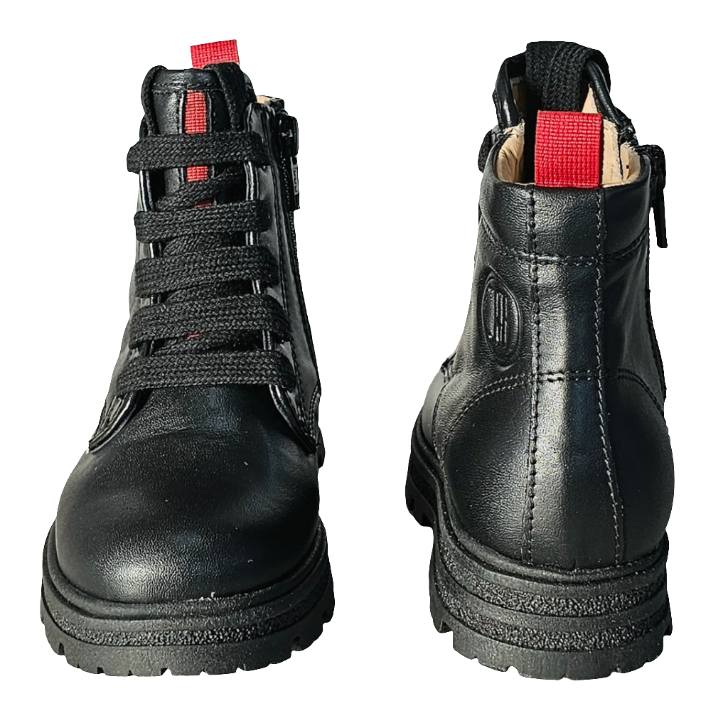 Ghete copii din piele naturala unisex, negru, cu sireturi si detalii roșii, inaltime gheata 10 cm, made in Italy.