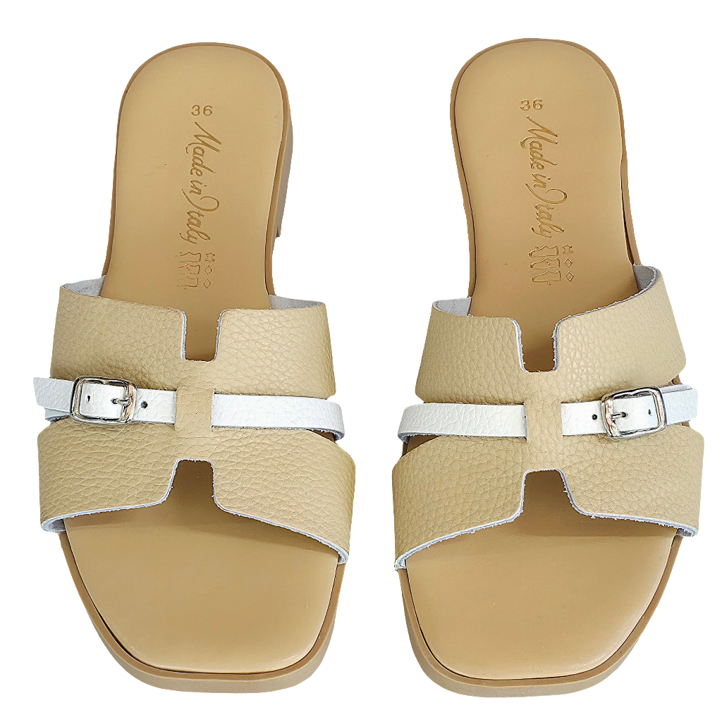 Papuci dama din piele naturala, bej, cu detalii albe, Made in Italy, Colectia Vara 2025, confortabili si eleganti.