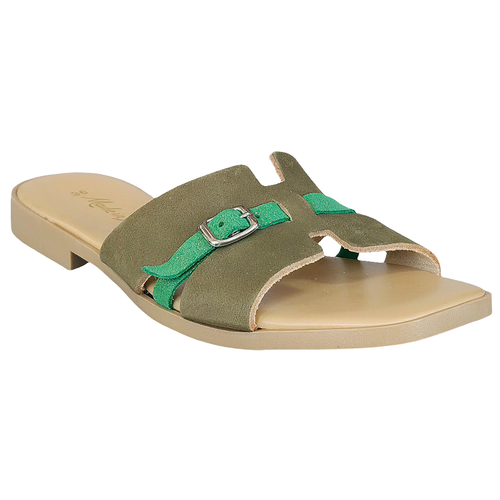 Papuci dama din piele naturala intoarsa, Oliv, Made in Italy, colectia Vara 2025, cu detalii verzi.