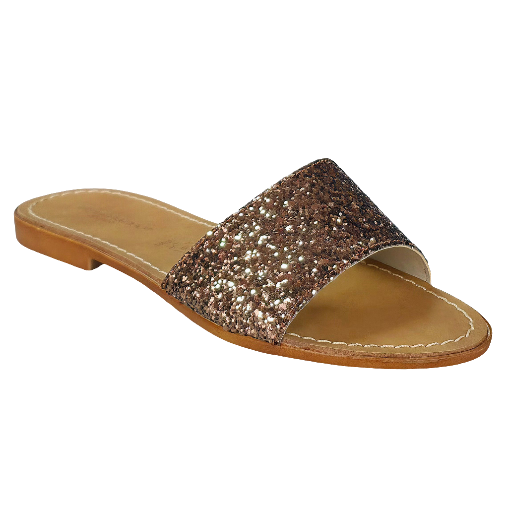 Papuci dama din piele naturala, maro bronz cu sclipici, confortabili, Made in Italy, Colectia Vara 2025.