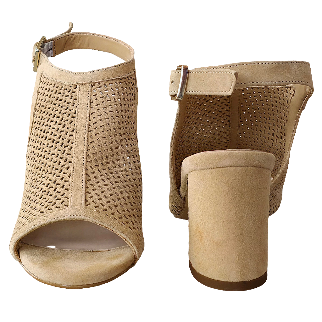 Bej sandale dama din piele naturala intoarsa, cu toc de 8.5 cm, colectia Vara 2025, Made in Italy.