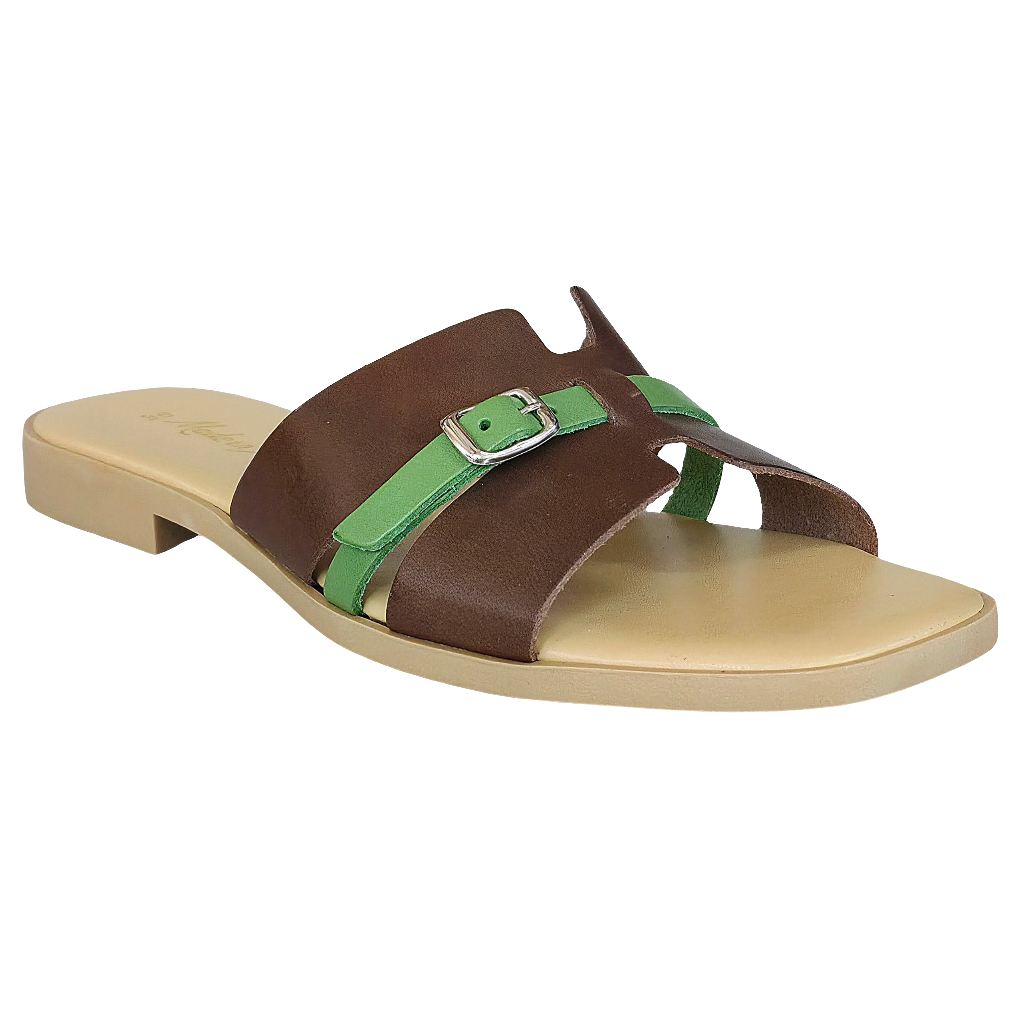 Papuci dama din piele naturala, maro cu detalii verzi, Made in Italy, colectia Vara 2025, stil elegant si confortabil.