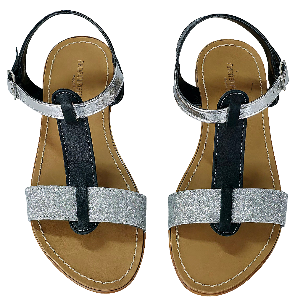 Papuci dama din piele naturala, negru si argintiu, colectia Vara 2025, confortabili si eleganti, Made in Italy.