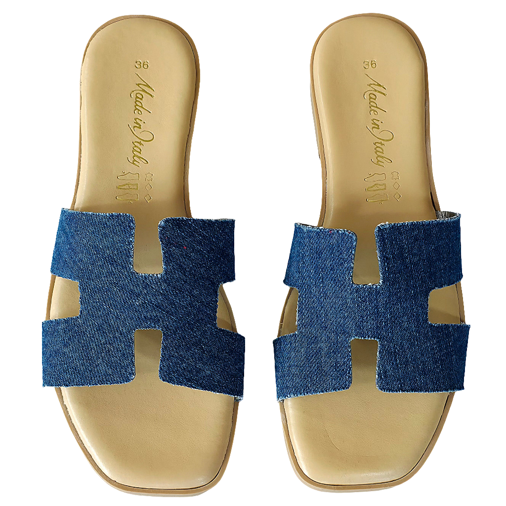 Papuci dama din piele naturala si textil, Jeans, Made in Italy, Colectia Vara 2025, stil comfortabil si elegant.