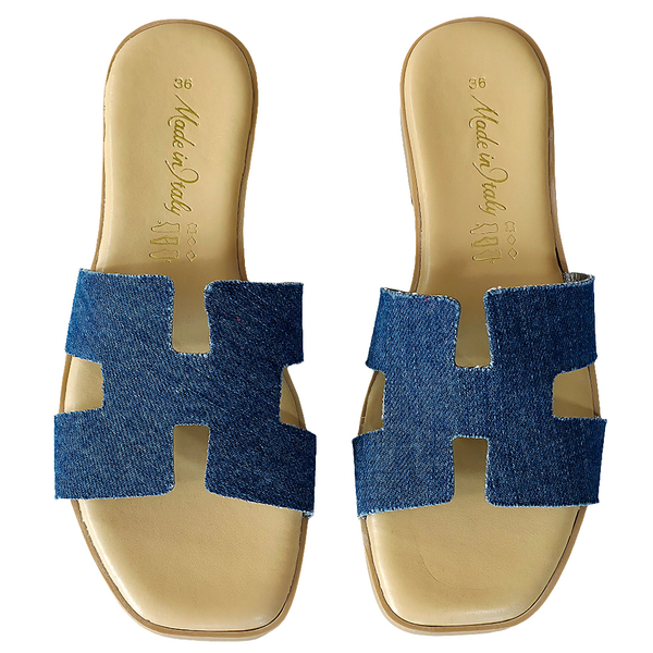 Papuci dama din piele naturala si textil, Jeans, Made in Italy, Colectia Vara 2025, stil comfortabil si elegant.