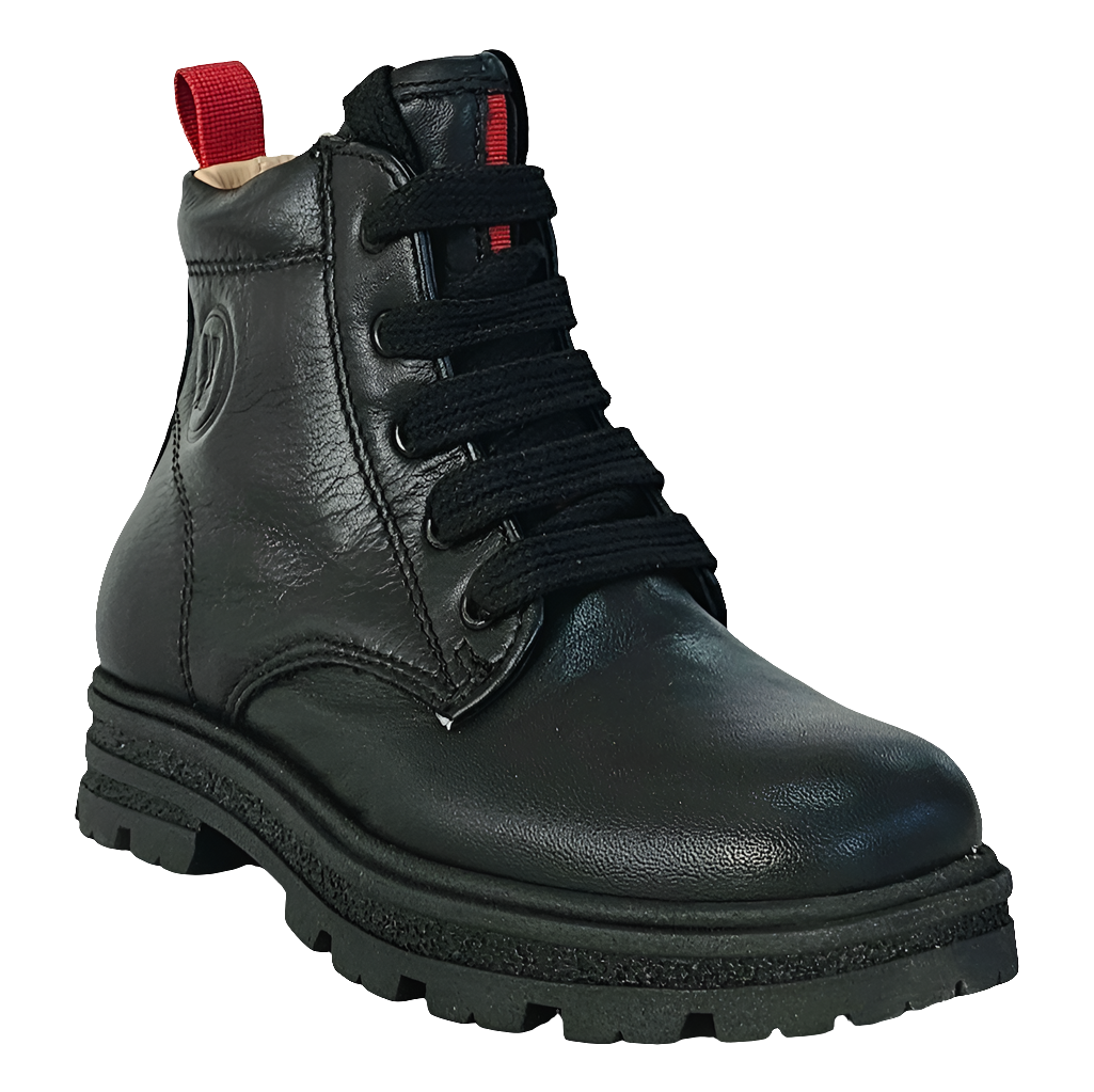 Ghete copii din piele naturala unisex, negre, cu sistem de legare, inaltime de 10 cm, colectia toamna 2024.