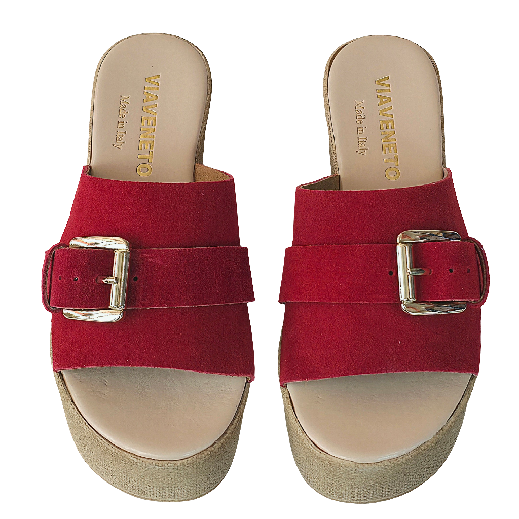 Papuci dama din piele naturala intoarsa rosie, made in Italy, cu talpa ecologica, inaltime platforma 6.5 cm.