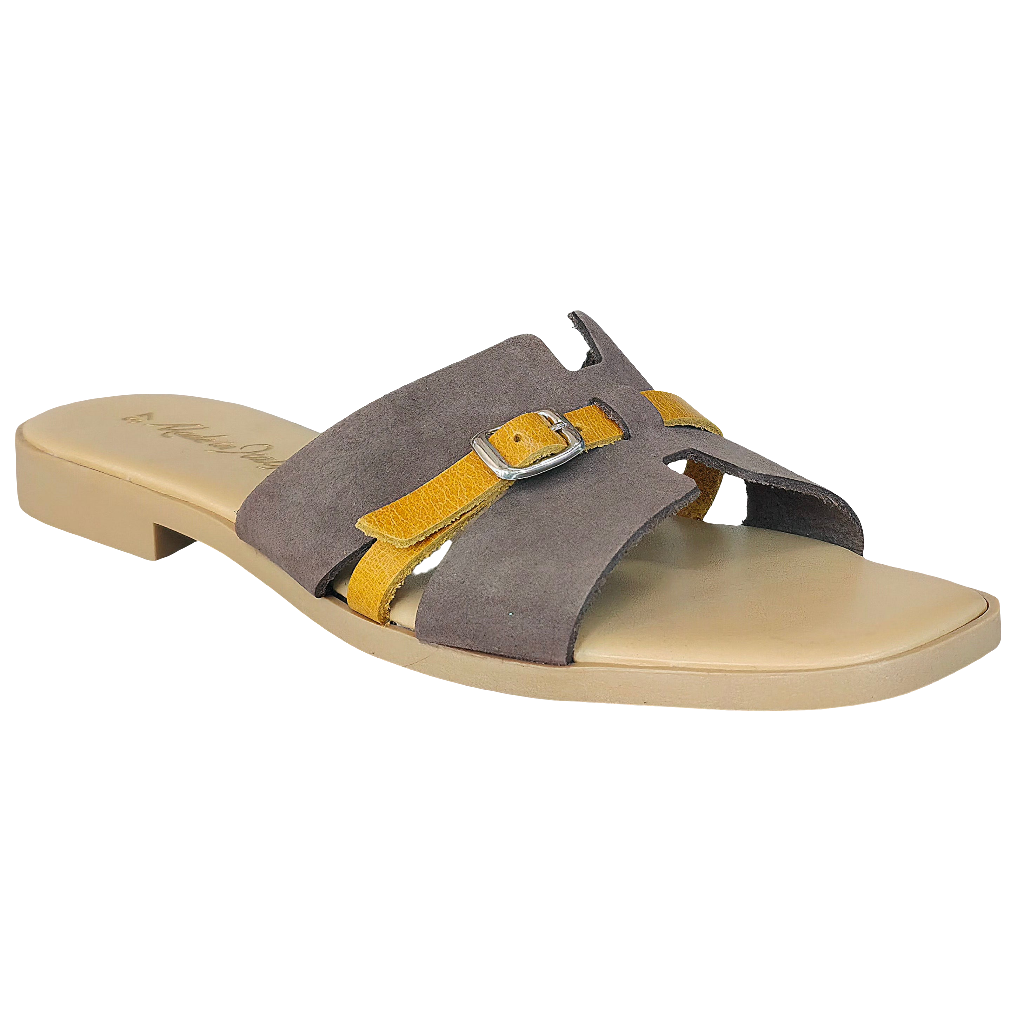 Papuci dama din piele naturala, maro, cu detalii galbene, Made in Italy, Colectia Vara 2025.