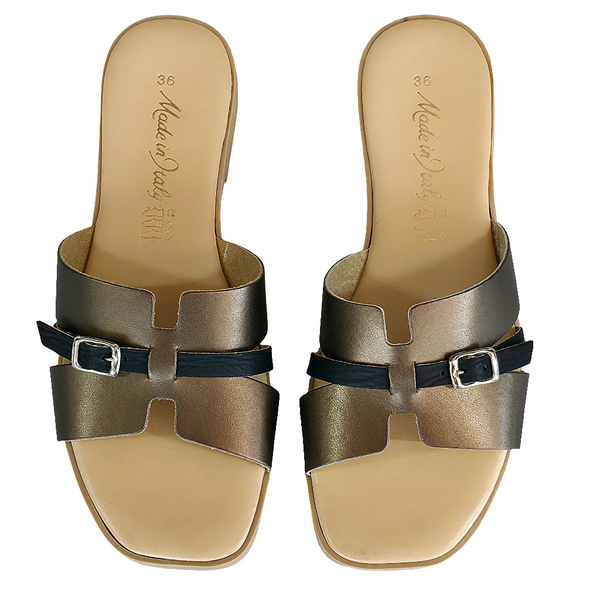 Papuci dama din piele naturala bronz si negru, Made in Italy, colectia vara 2025, stil elegant si confortabil.