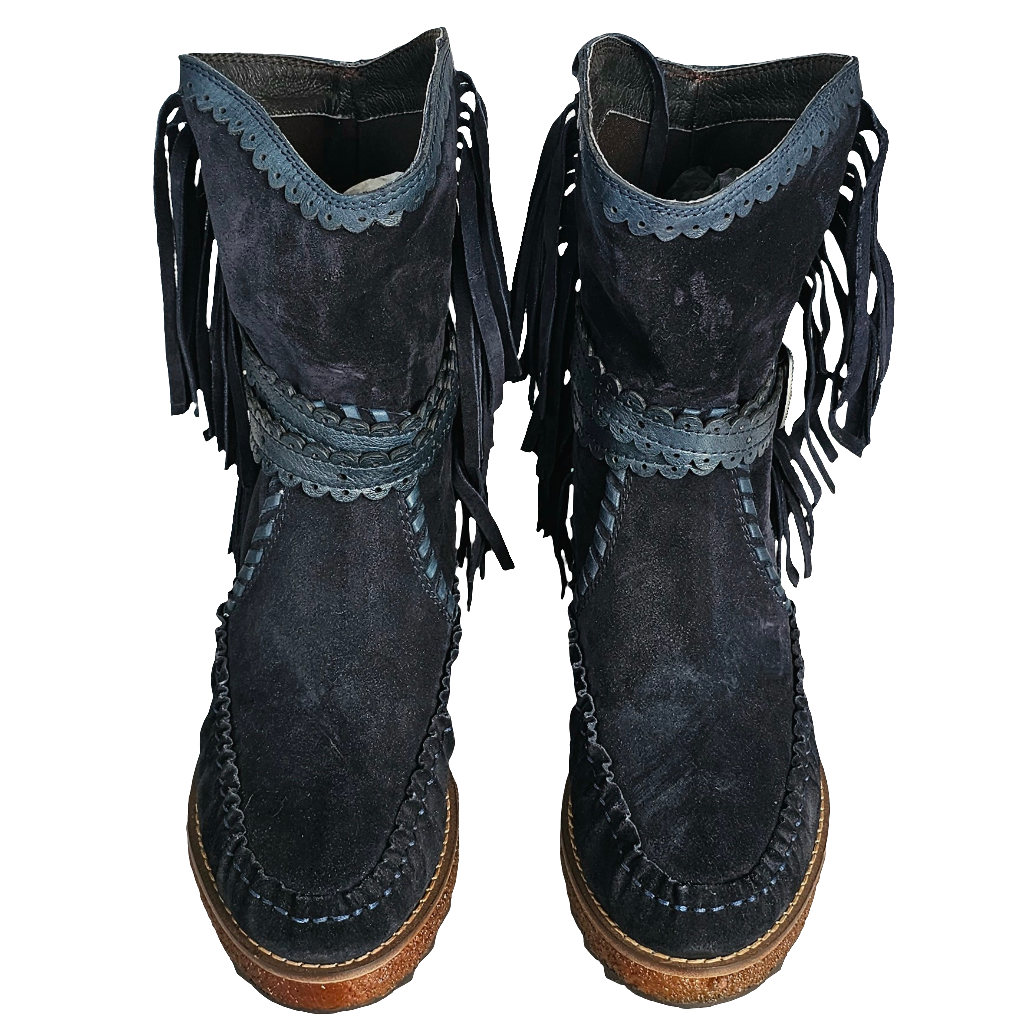 Ghete dama din piele naturala intoarsa bleumarin cu franjuri, model tubular, Colectia Toamna Iarna 2024.