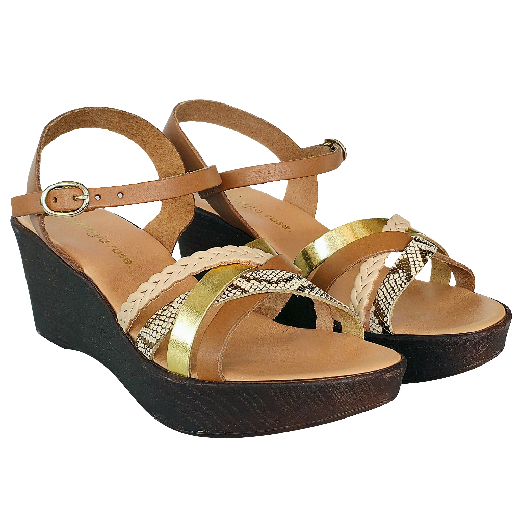 Sandale dama din piele naturala, maro, cu zeppa, made in Italy, colectia Vara 2025, talpa ecologica.