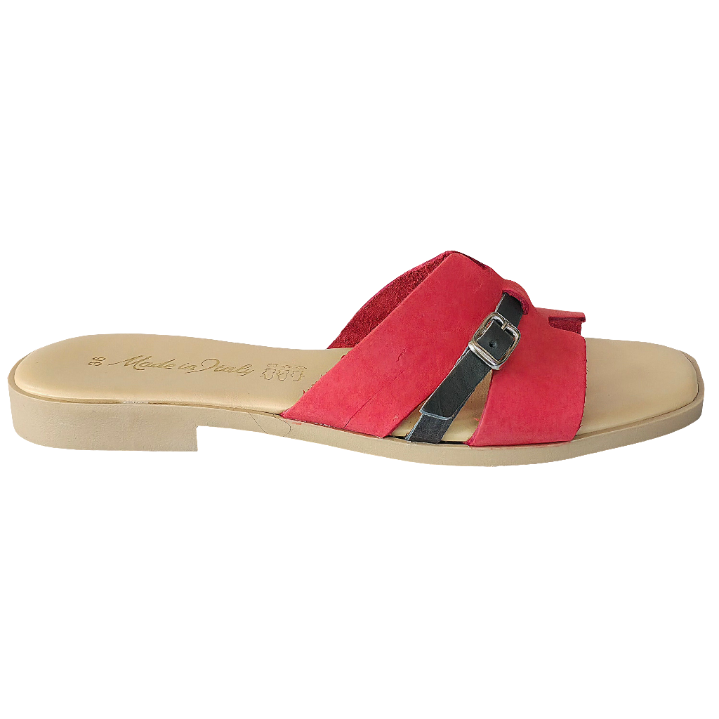 Papuci dama din piele naturala nabuk rosie cu detalii negre, Made in Italy, Colectia Vara 2025.