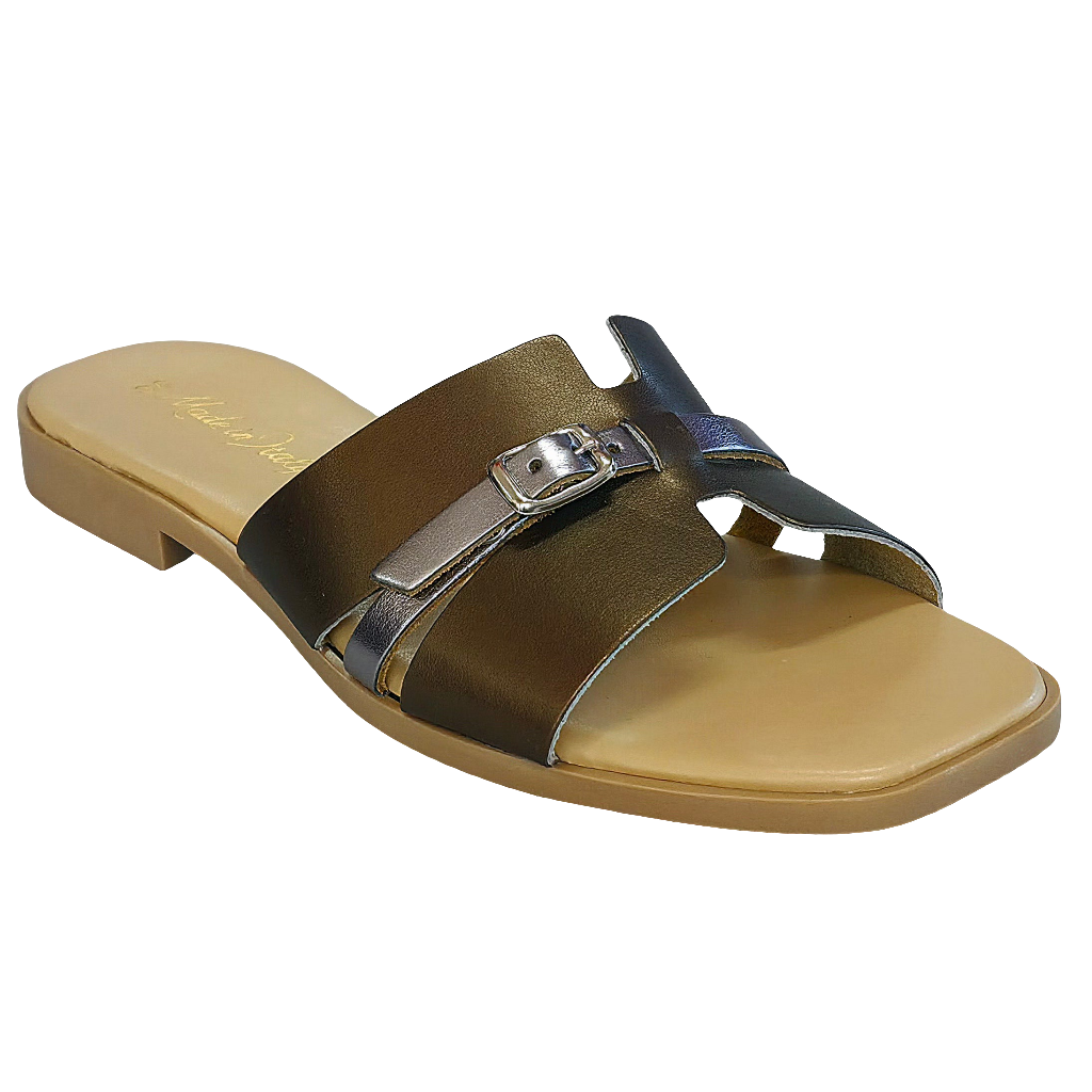 Papuci dama din piele naturala aramiu si argintiu, confortabili, stilati, Made in Italy, Colectia Vara 2025