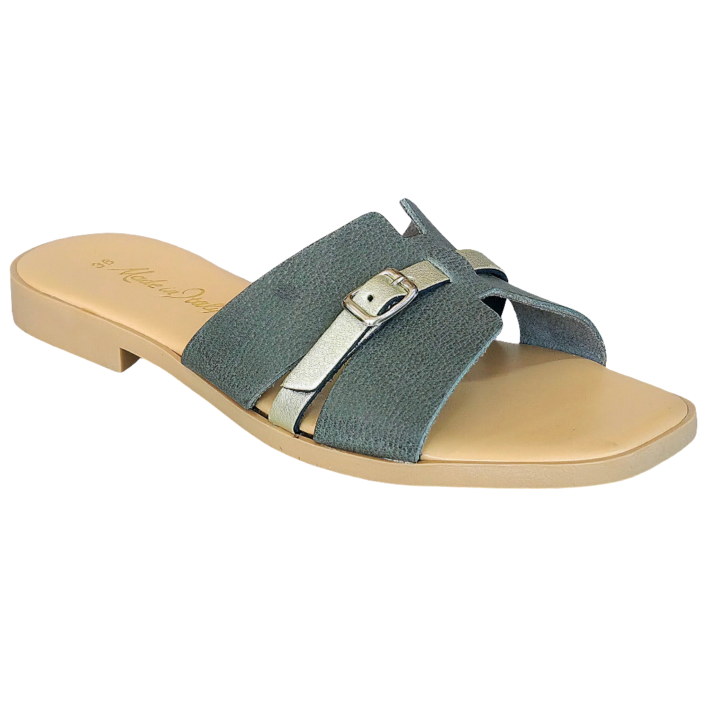 Papuci dama din piele naturala gri cu detalii aurii, Made in Italy, colectia Vara 2025, stil elegant si confortabil.