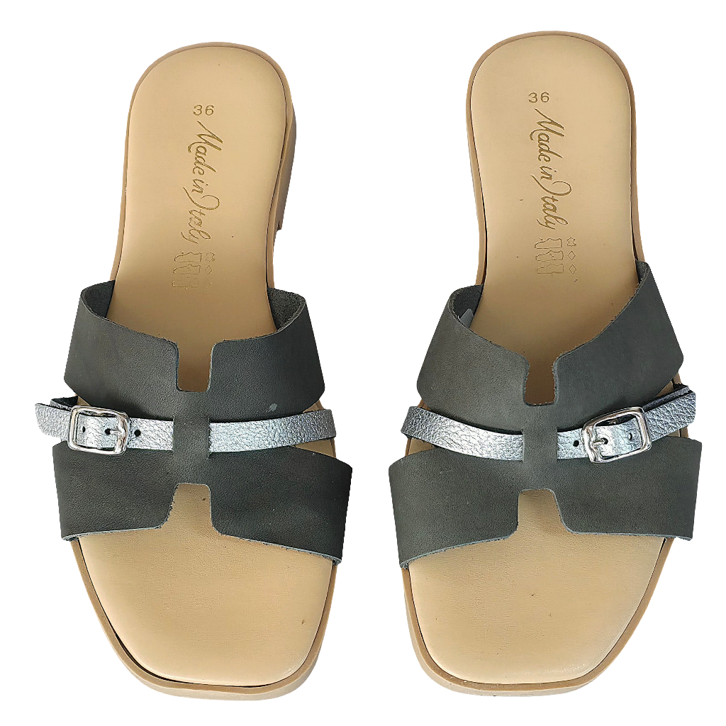 Papuci dama din piele naturala gri, Made in Italy, Colectia Vara 2025, cu detalii argintii.