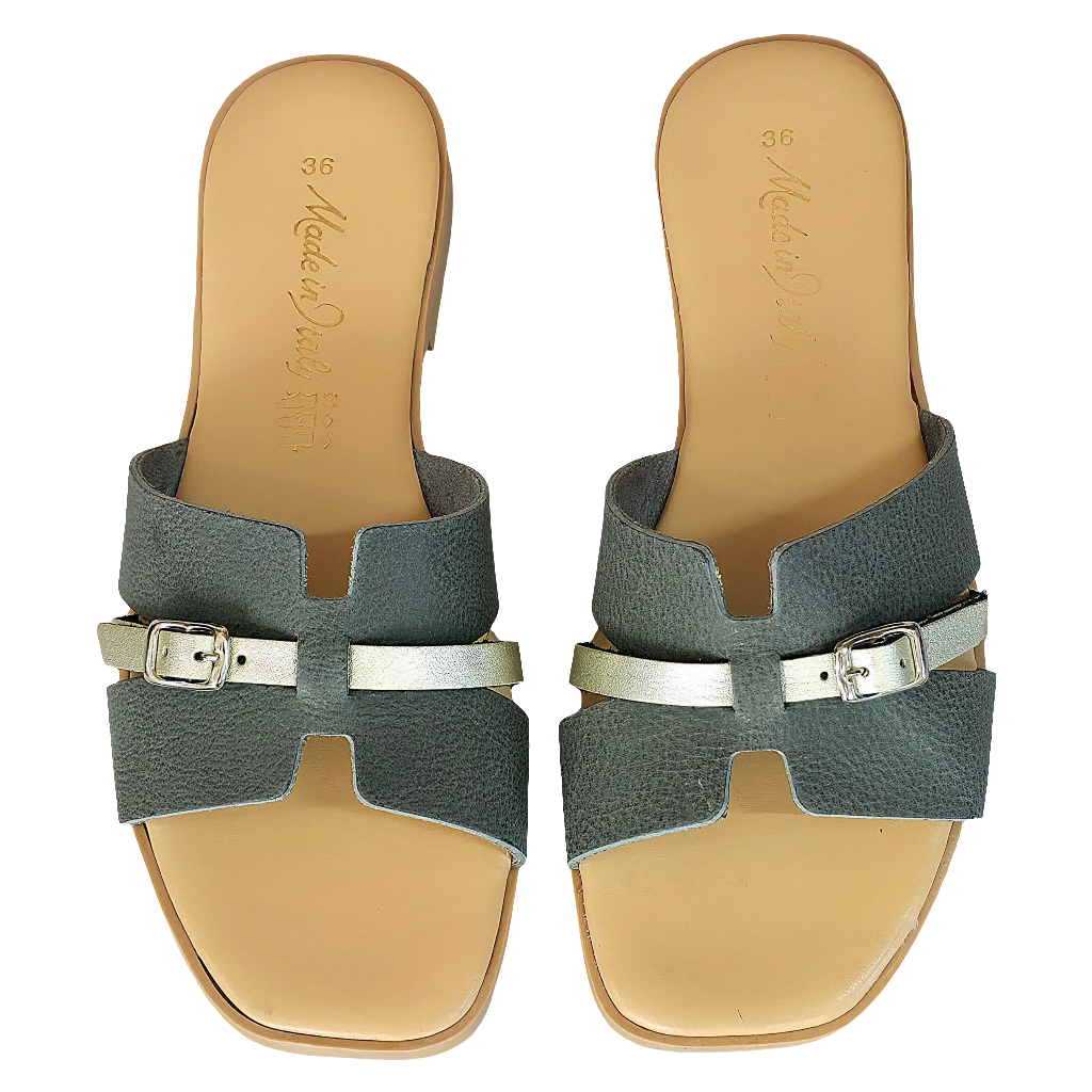 Papuci dama din piele naturala gri cu auriu, Made in Italy, din colectia Vara 2025.