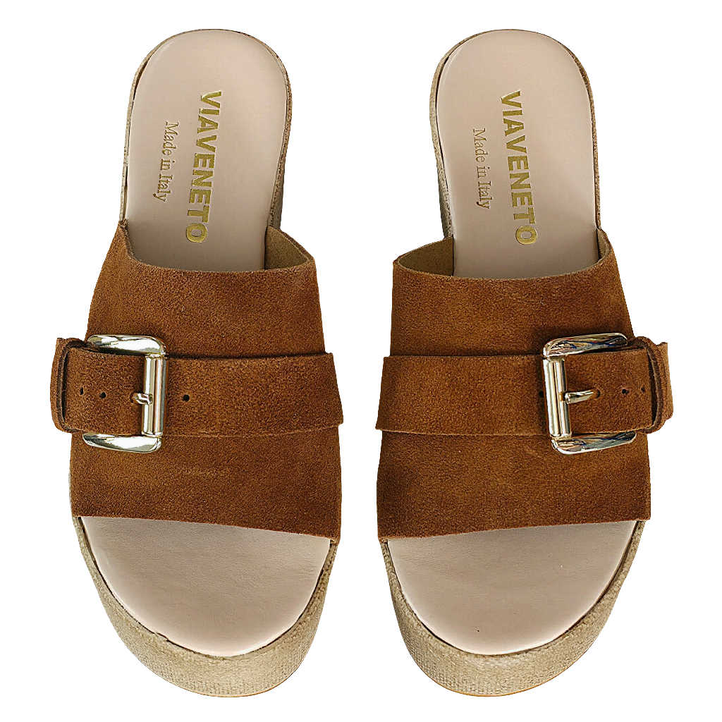 Papuci dama din piele intoarsa, maro, cu catarama, platforma, Made in Italy 🇮🇹 - Colectia Vara 2025