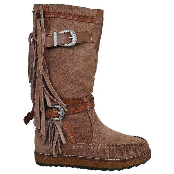 Cizme dama din piele intoarsa cafea cu lapte, model tubular, cu franjuri, din colectia Toamna Iarna 2024, stil italian.