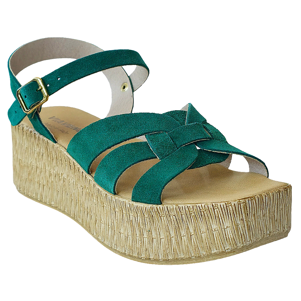 Sandale dama din piele naturala intoarsa, verde, cu talpa eco, inaltime 5.5 cm, Made in Italy, Colectia Vara 2025.