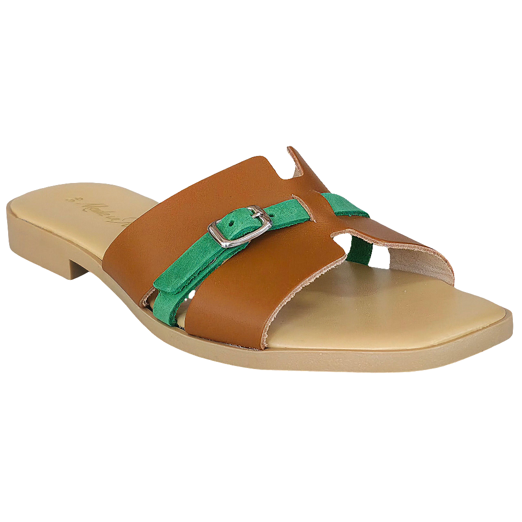 Papuci dama din piele naturala maro cu detalii verzi, Made in Italy, ideal pentru vara 2025, confortabili si stilati.