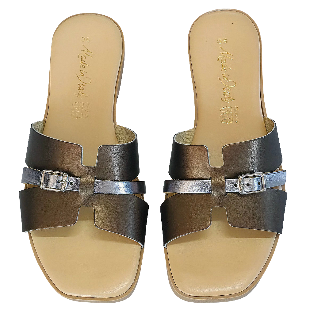 Papuci dama din piele naturala aramiu si argintiu, stil modern, confortabili, Made in Italy, Colectia Vara 2025.