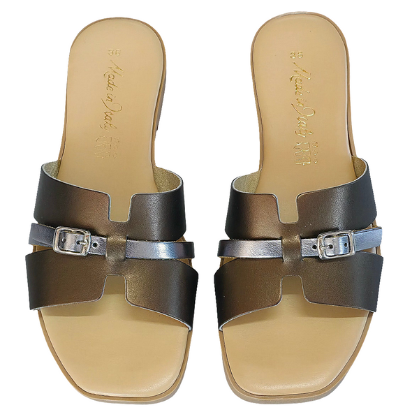 Papuci dama din piele naturala aramiu si argintiu, stil modern, confortabili, Made in Italy, Colectia Vara 2025.