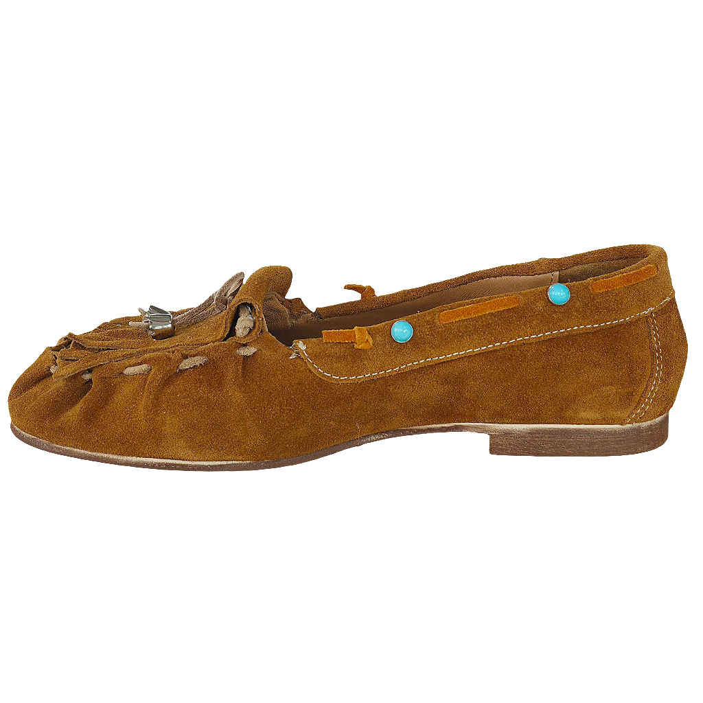 Pantofi casual dama din piele naturală intoarsă, maro, cu detalii colorate, inaltime toc 1cm, Made in Italy, Colecția Vara 2025.