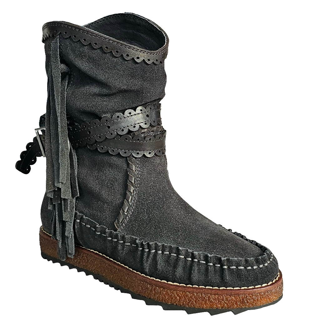 Ghete dama din piele intoarsa gri, model tubular, cu franjuri, colectia Toamna Iarna 2024, Made in Italy.