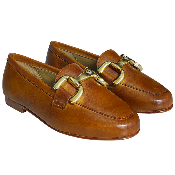 Pantofi dama din piele naturala maro cu detalii aurii, din colectia Primavara/Vara 2025, confortabili si eleganti.